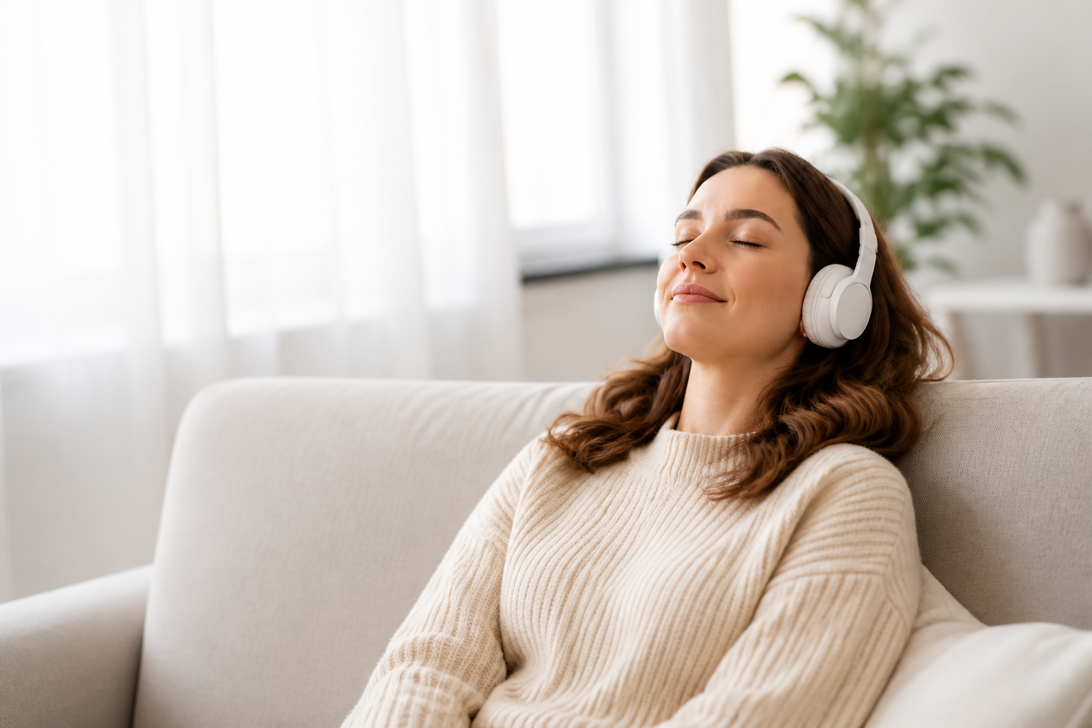 Femme détendue écoutant une séance audio avec un casque