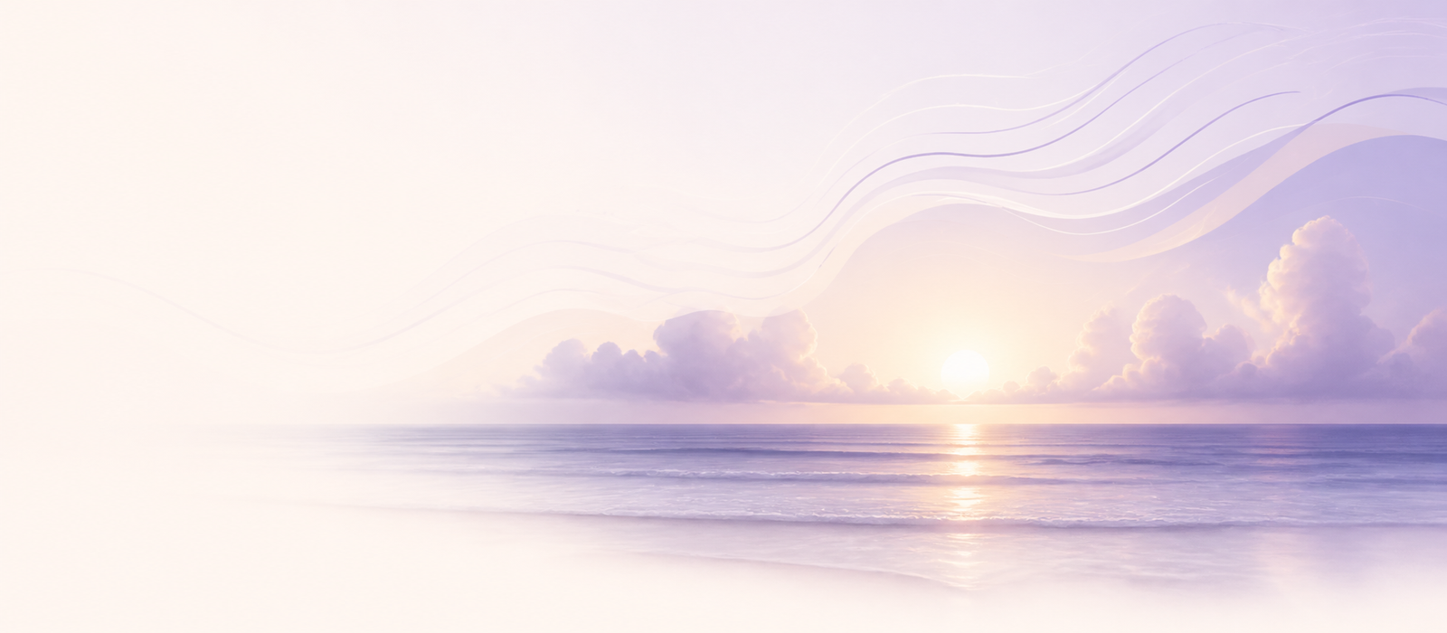 Mer calme au lever du soleil traversée de lignes musicales lavande