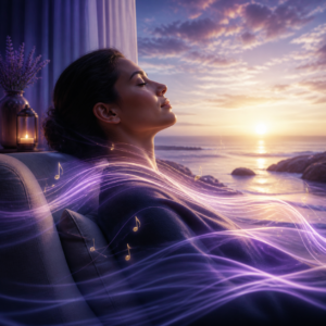Femme détendue dans une lumière violette face au lever du soleil, entourée d’ondes musicales