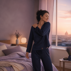 Femme s’étirant calmement près de son lit au lever du jour