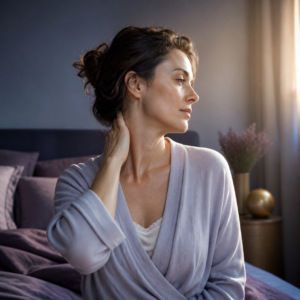 Femme tournée de profil dans une chambre aux tons lavande, une main sur la nuque
