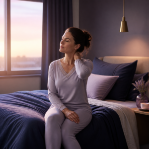 Femme assise sur son lit au réveil, une main posée doucement sur sa nuque